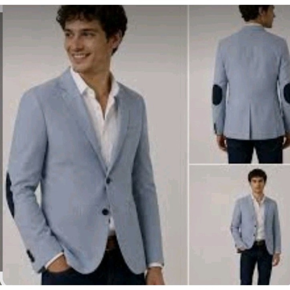 H&M Blue Blazer Jacket Men's Size 36R Slim Fit Elbow Patch Mini Houndstooth